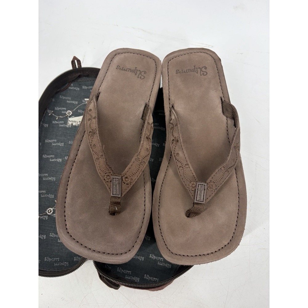 Vintage Y2K Slipurrs Womens 8 Brown Leather Thong Sandals Flip Flops w Case